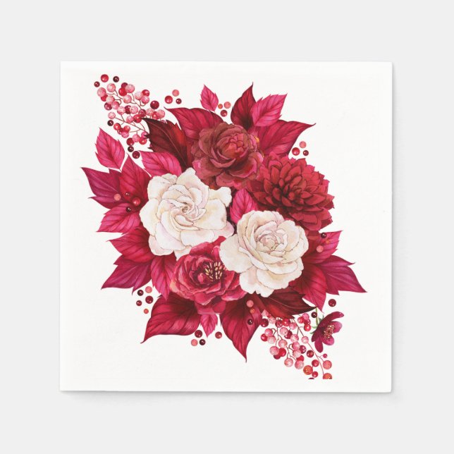 Hand Akvarell Målning Röda och Vita Blommor Pappersservett (Framsidan)