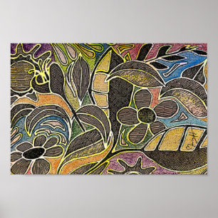 Hand Carved Löv and Flowers - i Orange Blue Poster