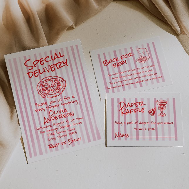 Hand Dawn Rosa Pizza Speciell Delivery Baby Shower Inbjudningar (Skapare uppladdad)