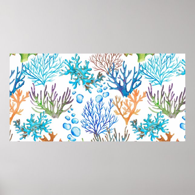 Hand-dragen vattenfärgshavsyta mönster med koralle poster (Framsidan)