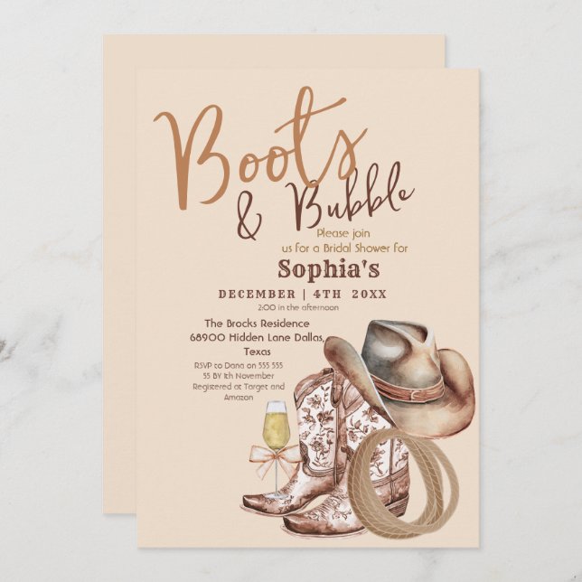 Hand Draw Boots and Bubbly Bridal Shower Inbjudningar (Fram/baksida)