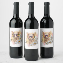 Hand drawing Sphynx cat with flowers Square Sticke Vinflaska Etikett