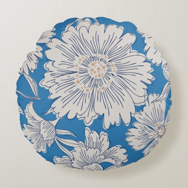 Hand drawn abstract garden flowers. Contour drawin Rund Kudde (Framsidan)