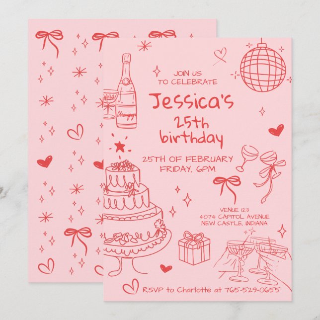 Hand Drawn Adult Handwritten Scribble Birthday  Inbjudningar (Fram/baksida)