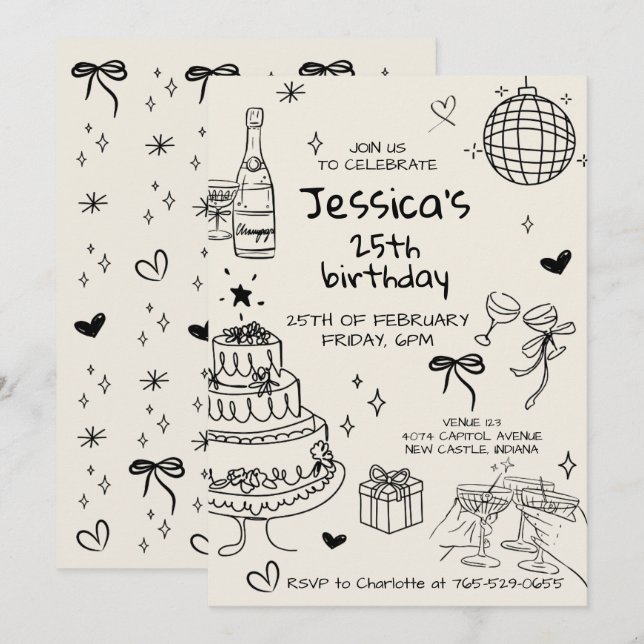 Hand Drawn Adult Handwritten Scribble Birthday  Inbjudningar (Fram/baksida)