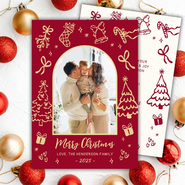 Hand-Drawn Arch Photo Red and Gold Merry Christmas Julkort (Skapare uppladdad)
