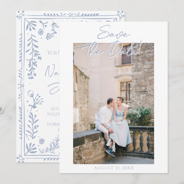 Hand Drawn Azure Blue Floral Garden Photo Wedding Spara Datumet (Fram/baksida)