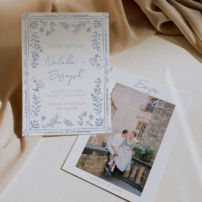 Hand Drawn Azure Blue Floral Garden Photo Wedding Spara Datumet (Skapare uppladdad)