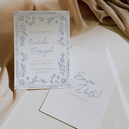 Hand Drawn Azure Blue Floral Garden Whimsy Wedding Spara Datumet