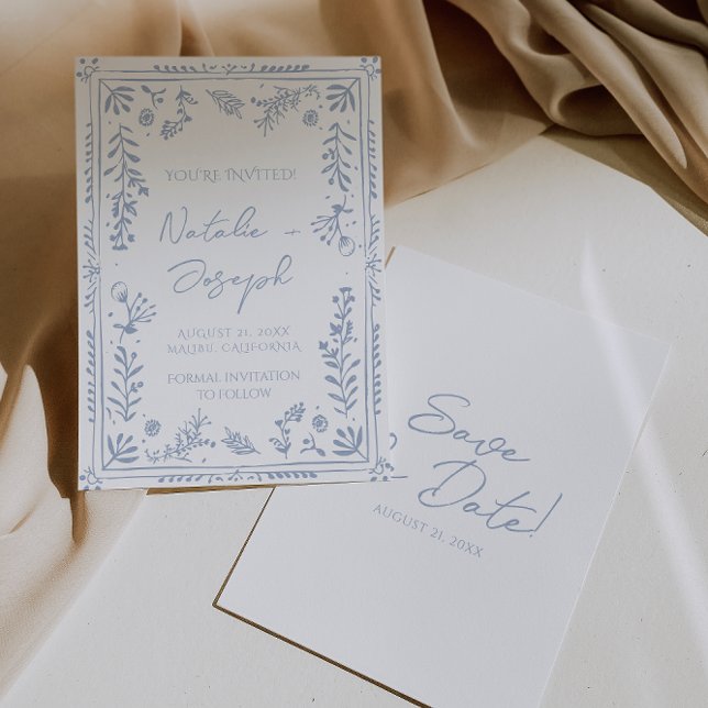 Hand Drawn Azure Blue Floral Garden Whimsy Wedding Spara Datumet (Skapare uppladdad)