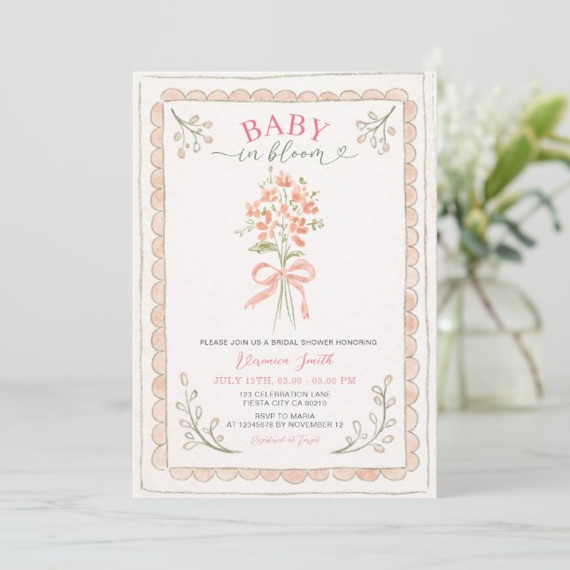 Hand Drawn Baby in Bloom Baby Shower Invite Inbjudningar (Stående Fram)