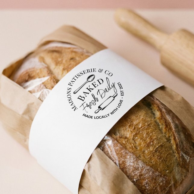 Hand Drawn Bakery Rolling Pin Baked Fresh Daily Stämpel (Hand Drawn Bakery Rolling Pin Baked Fresh Daily Rubber Stamp)