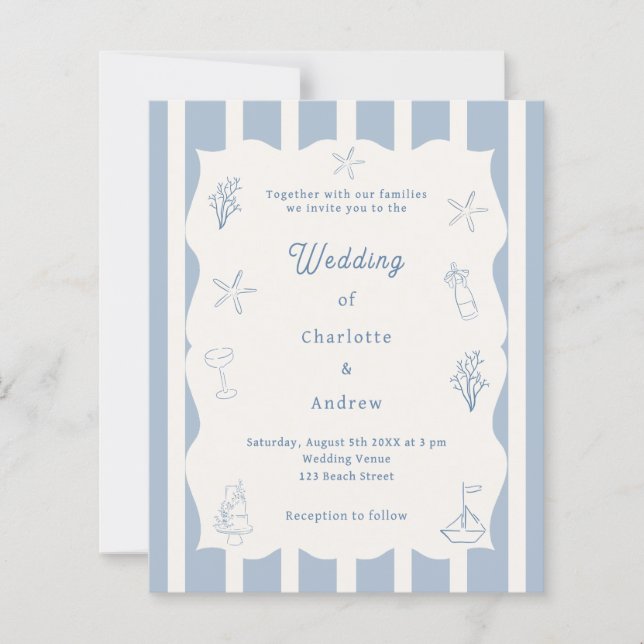 Hand drawn beach blue ivory wedding invitation (Framsida)