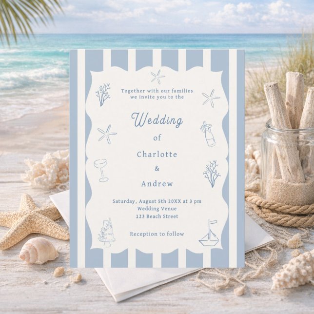Hand drawn beach blue ivory wedding invitation (Skapare uppladdad)