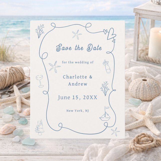 Hand drawn beach blue ivory wedding Save the Date (Skapare uppladdad)
