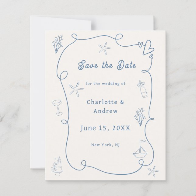 Hand drawn beach blue ivory wedding Save the Date (Framsida)