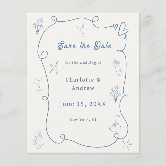Hand drawn beach blue ivory wedding Save the Date Flygblad (Framsidan)