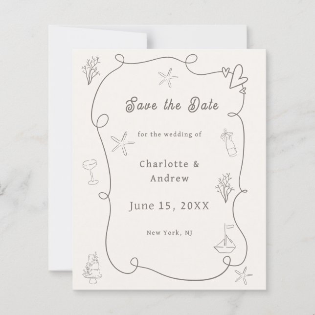 Hand drawn beach ivory taupe wedding Save the Date (Framsida)