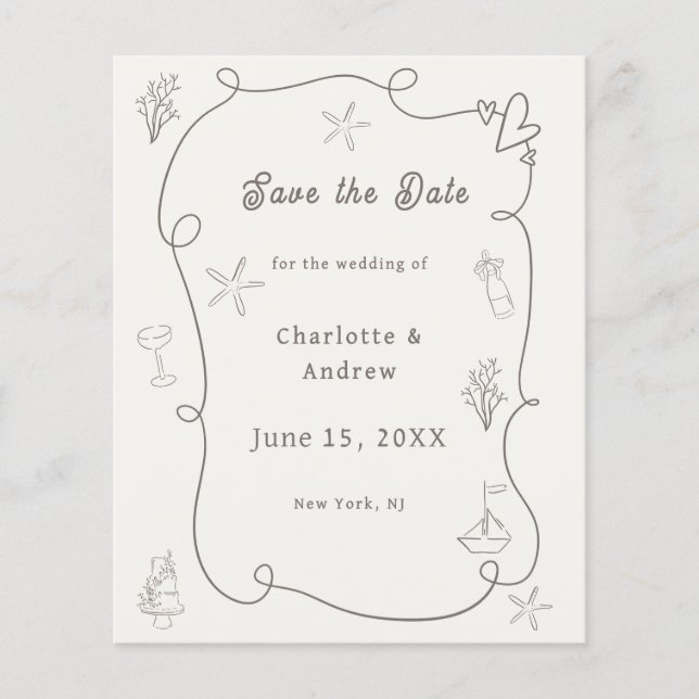 Hand drawn beach ivory taupe wedding Save the Date Flygblad (Framsidan)