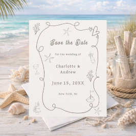 Hand drawn beach ivory taupe wedding Save the Date Flygblad