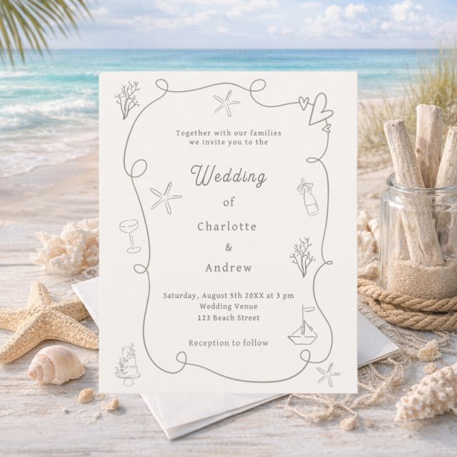 Hand drawn beach sand ivory wedding invitation (Skapare uppladdad)
