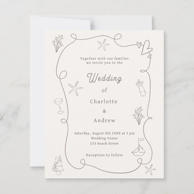 Hand drawn beach sand ivory wedding invitation (Framsida)
