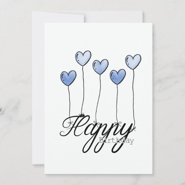 Hand-Drawn Birthday Card w D. Blue Heart Balloons Kort (Framsida)