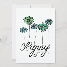 Hand-Drawn Birthday Card w Green Flower Balloons Kort
