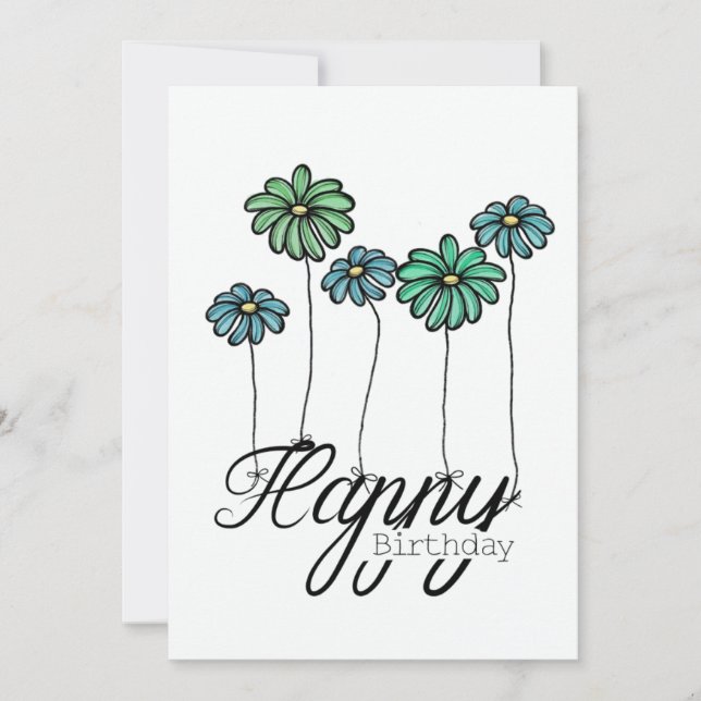 Hand-Drawn Birthday Card w Green Flower Balloons Kort (Framsida)