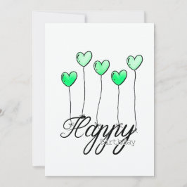 Hand-Drawn Birthday Card w Green Heart Balloons Kort