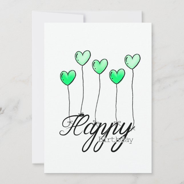Hand-Drawn Birthday Card w Green Heart Balloons Kort (Framsida)