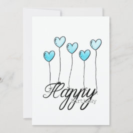 Hand-Drawn Birthday Card w L. Blue Heart Balloons Kort