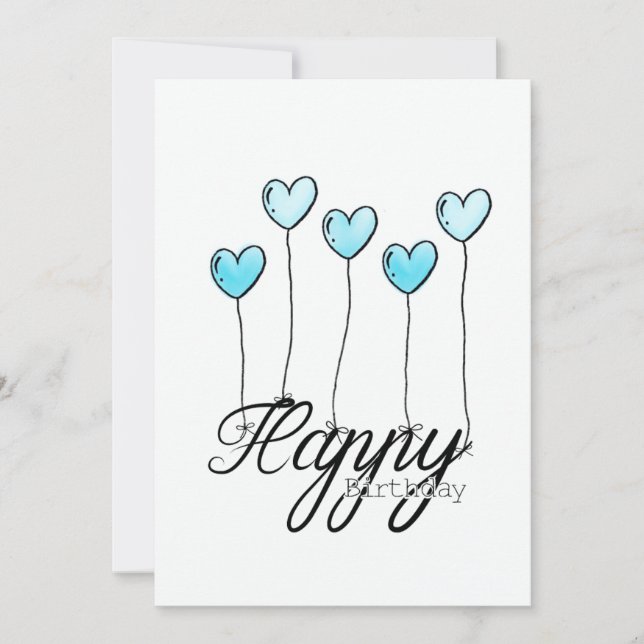 Hand-Drawn Birthday Card w L. Blue Heart Balloons Kort (Framsida)