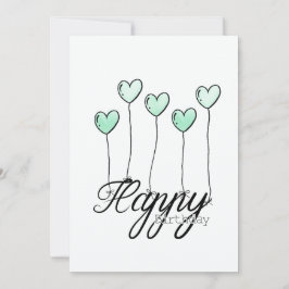 Hand-Drawn Birthday Card w Mint Heart Balloons Kort