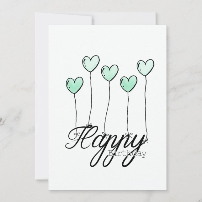 Hand-Drawn Birthday Card w Mint Heart Balloons Kort (Framsida)
