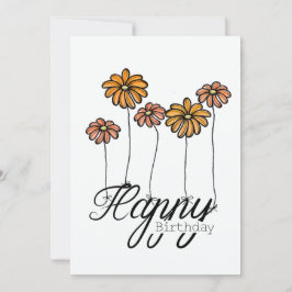 Hand-Drawn Birthday Card w Orange Flower Balloons Kort