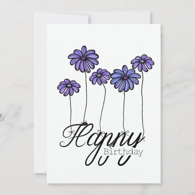 Hand-Drawn Birthday Card w Purple Flower Balloons Kort (Framsida)