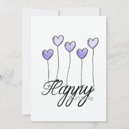 Hand-Drawn Birthday Card w Purple Heart Balloons Kort