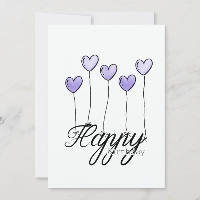 Hand-Drawn Birthday Card w Purple Heart Balloons Kort (Framsida)