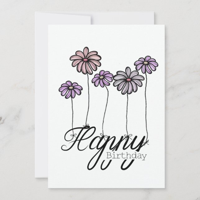 Hand-Drawn Birthday Card w Rosé Flower Balloons Kort (Framsida)