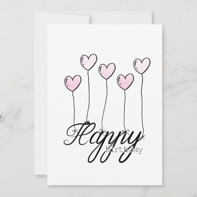 Hand-Drawn Birthday Card w Rosé Heart Balloons Kort (Framsida)