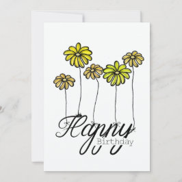 Hand-Drawn Birthday Card w Yellow Flower Balloons Kort