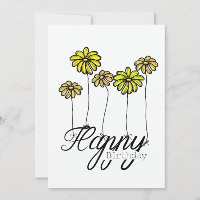 Hand-Drawn Birthday Card w Yellow Flower Balloons Kort (Framsida)