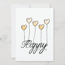 Hand-Drawn Birthday Card w Yellow Heart Balloons Kort