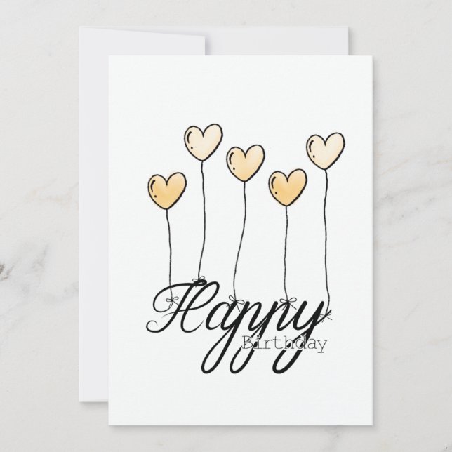 Hand-Drawn Birthday Card w Yellow Heart Balloons Kort (Framsida)
