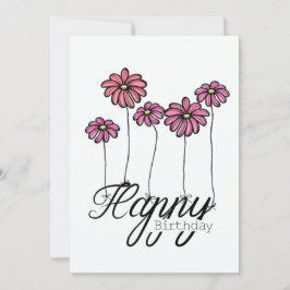 Hand-Drawn Birthday Card With Pink Flower Balloons Kort