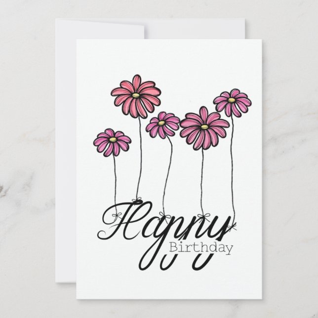 Hand-Drawn Birthday Card With Pink Flower Balloons Kort (Framsida)