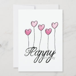 Hand-Drawn Birthday Card With Pink Heart Balloons Kort
