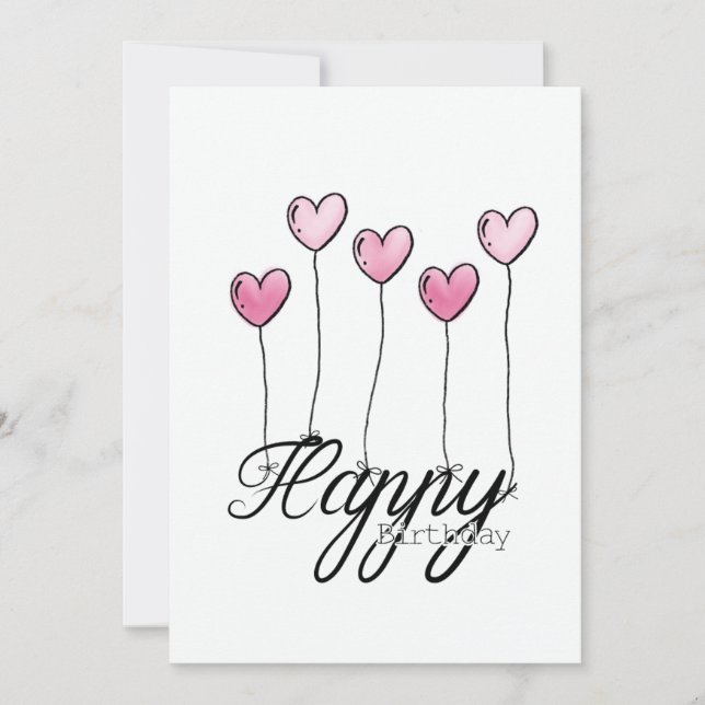 Hand-Drawn Birthday Card With Pink Heart Balloons Kort (Framsida)