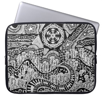 hand drawn black and white ink landscape laptop fodral